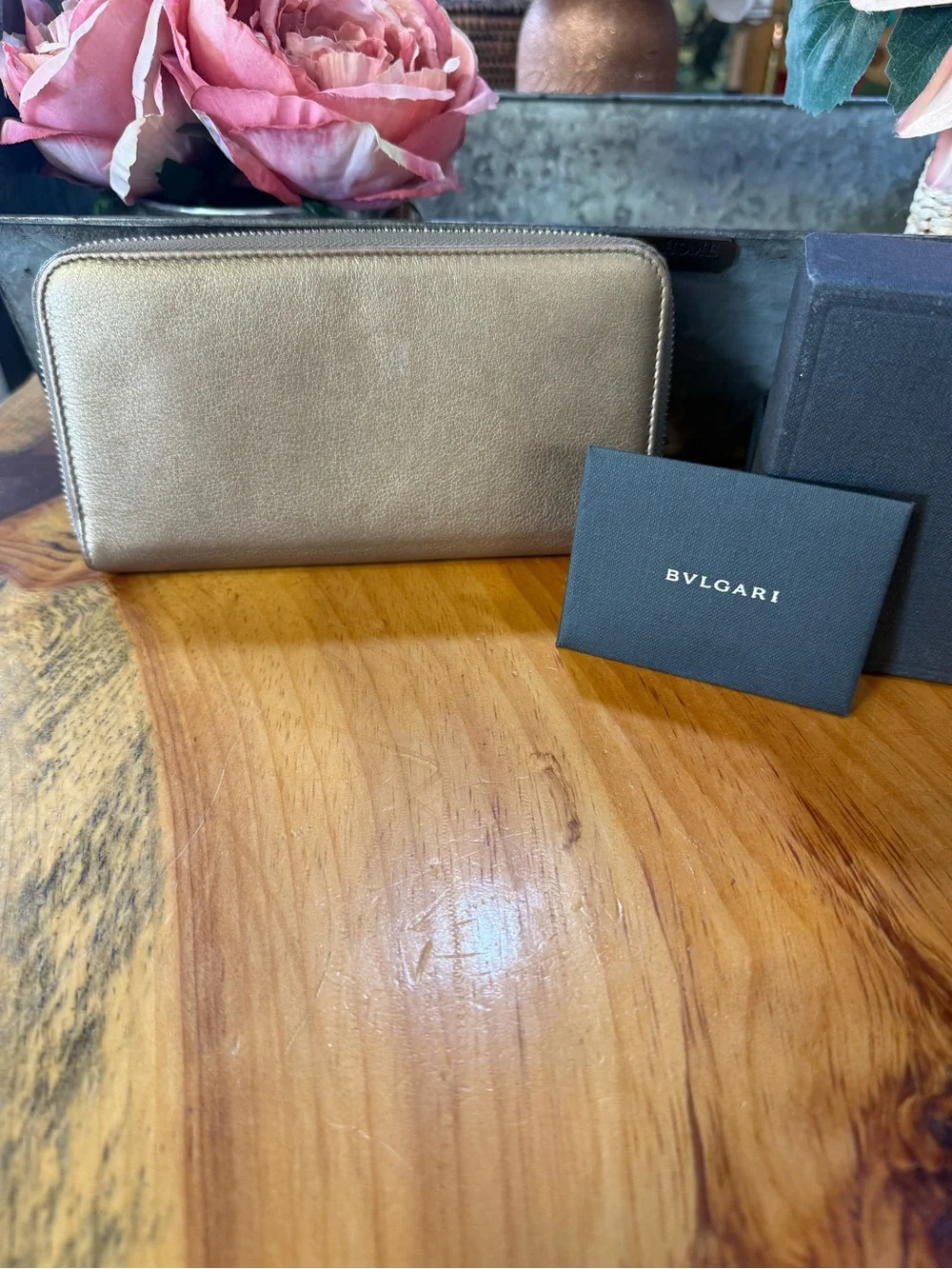 Bulgari Metallic Gold Zip Wallet with original box & cards